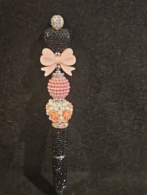 Sparkling Black Jeweled Pen with Pink Bow & Floral Accents